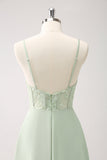Green A-Line Spaghetti Straps Satin Long Corset Bridesmaid Dress with Slit