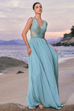 Sparkly Grey Green A-Line V Neck Cut Out Long Bridesmaid Dress with Sequins