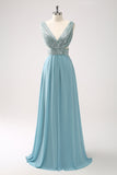 Grey Green A-Line V Neck Sequins Chiffon Long Cut Out Bridesmaid Dress