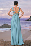Sparkly Grey Green A-Line V Neck Cut Out Long Bridesmaid Dress with Sequins
