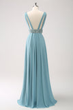 Grey Green A-Line V Neck Sequins Chiffon Long Cut Out Bridesmaid Dress