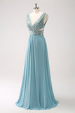 Grey Green A-Line V Neck Sequins Chiffon Long Cut Out Bridesmaid Dress