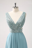 Grey Green A-Line V Neck Sequins Chiffon Long Cut Out Bridesmaid Dress
