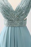 Grey Green A-Line V Neck Sequins Chiffon Long Cut Out Bridesmaid Dress