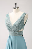 Grey Green A-Line V Neck Sequins Chiffon Long Cut Out Bridesmaid Dress