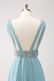Grey Green A-Line V Neck Sequins Chiffon Long Cut Out Bridesmaid Dress