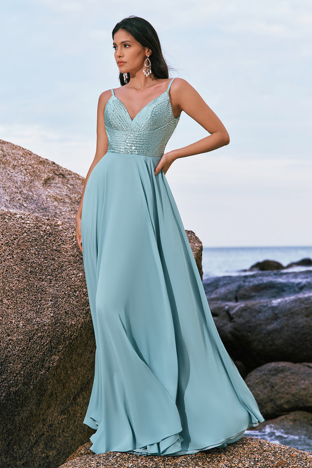 Wedtrend Women Glitter Bridesmaid Dress with Slit Grey Green A-Line Sequin Chiffon Long Evening Dress, Grey Green / US2 Wedtrend Women Glitter Bridesmaid Dress with Slit Grey Green A-Line Sequin Chiffon Long Evening Dress, Grey Green / US2