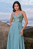 Glitter Grey Green A-Line Sequin Chiffon Long Bridesmaid Dress with Slit