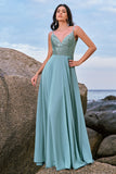Glitter Grey Green A-Line Sequin Chiffon Long Bridesmaid Dress with Slit