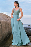 Glitter Grey Green A-Line Sequin Chiffon Long Bridesmaid Dress with Slit