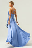 A Line Cowl Neck Satin Asymmetrical Ruffled Blue Bridesmaid Dress