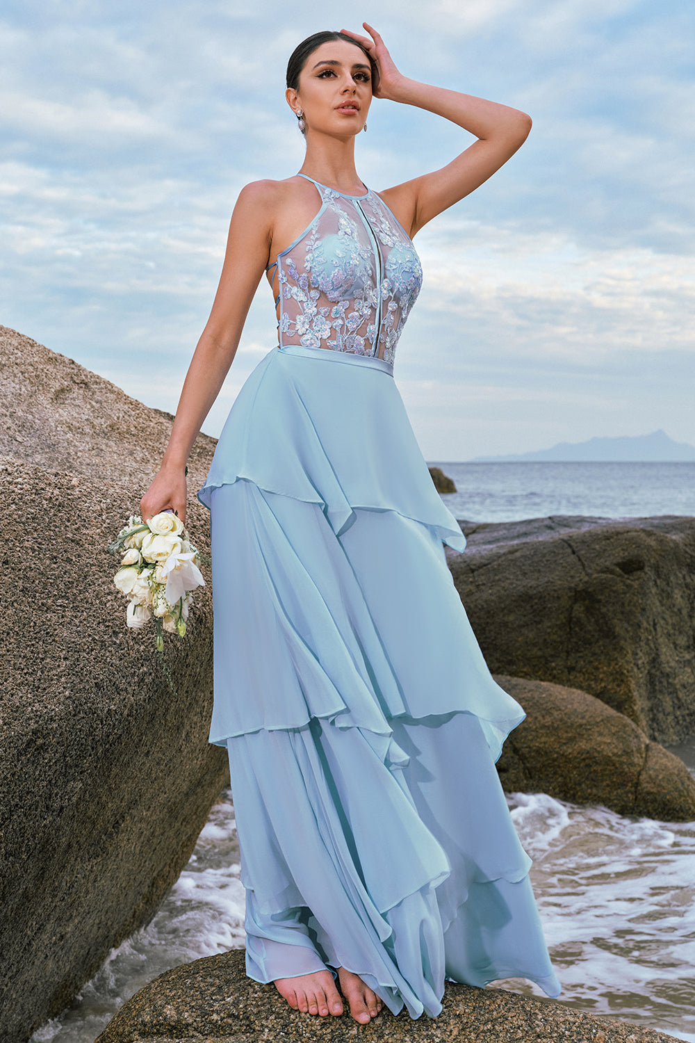 Wedtrend Women Sparkly Bridesmaid Dress with Lace Up Back Sky Blue A Line Halter Tiered Wedding Guest Dress WEDTREND Wedtrend Women Sparkly Bridesmaid Dress with Lace Up Back Sky Blue A Line Halter Tiered Wedding Guest Dress WEDTREND