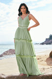 Green A Line Spaghetti Straps Ruffled Floral Bridesmaid Dress with Lace