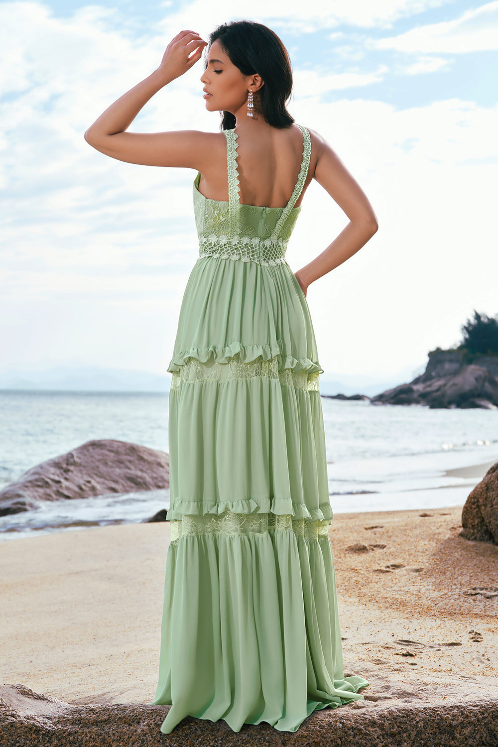 Wedtrend Women Green Ruffled Floral Bridesmaid Dress with Lace V-Neck Chiffon Wedding Guest Dress, Green / US8