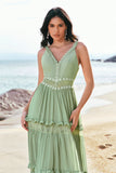 Green A Line Spaghetti Straps Ruffled Floral Bridesmaid Dress with Lace