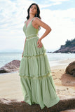 Green A Line Spaghetti Straps Ruffled Floral Bridesmaid Dress with Lace