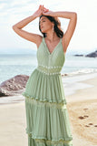 Green A Line Spaghetti Straps Ruffled Floral Bridesmaid Dress with Lace