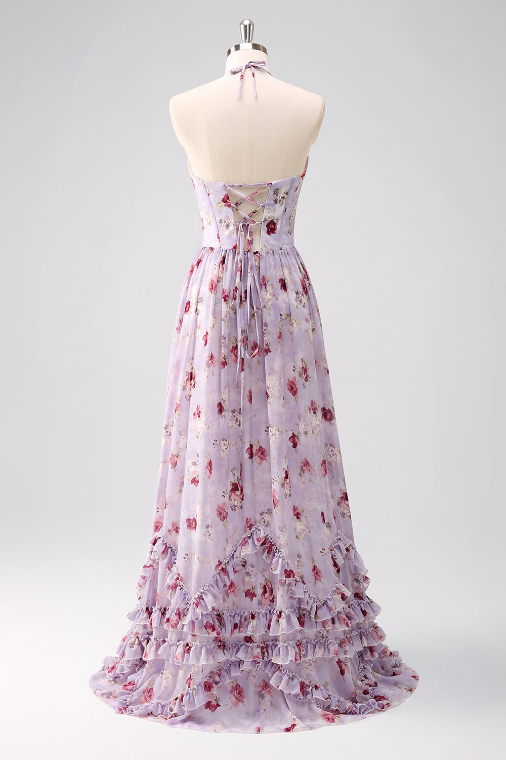 Wedtrend Women Grey Purple Bridesmaid Dress with Slit Ruched Floral Corset Halter A-Line Ruffled Wedding Guest Dress WEDTREND Wedtrend Women Grey Purple Bridesmaid Dress with Slit Ruched Floral Corset Halter A-Line Ruffled Wedding Guest Dress WEDTREND