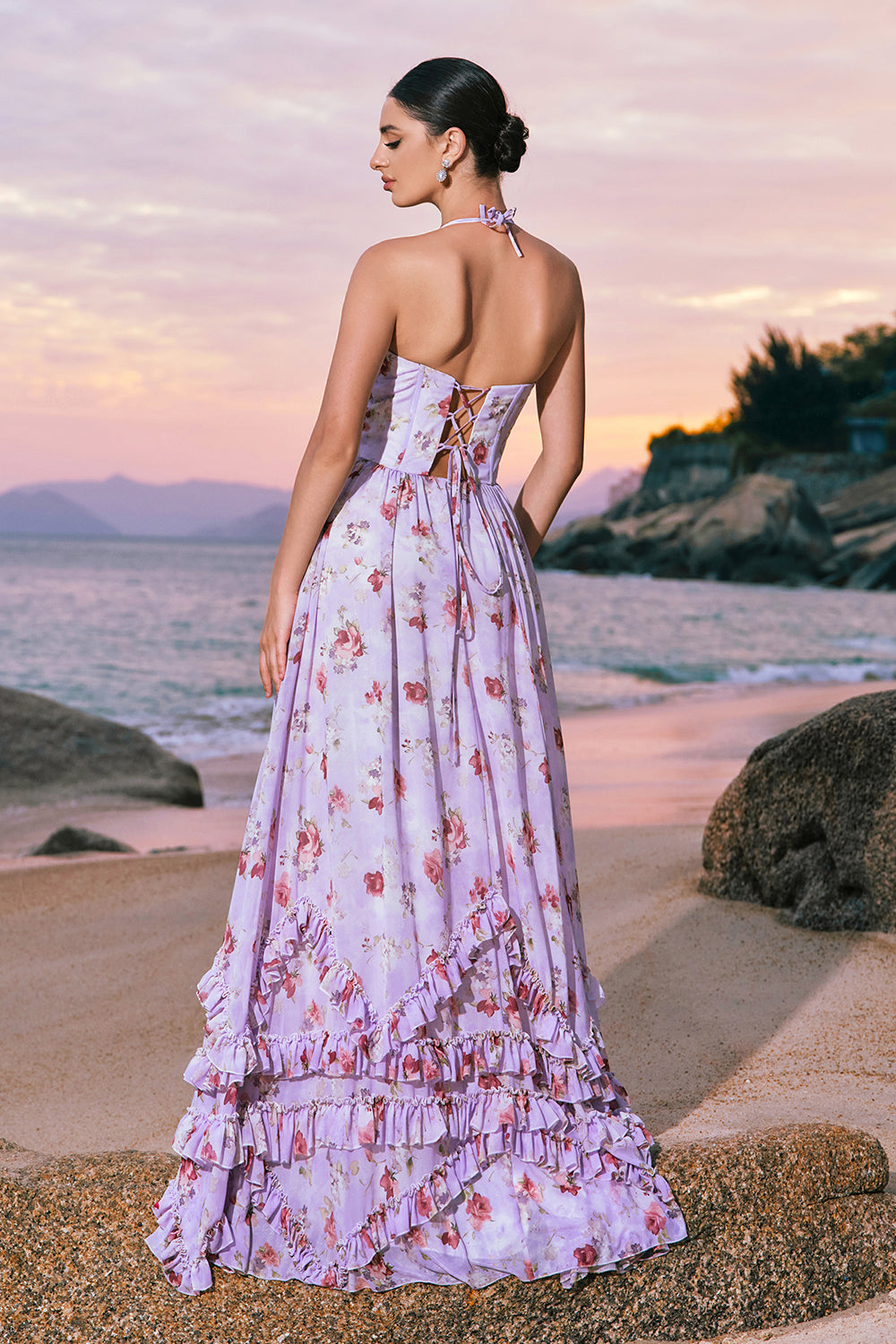 Wedtrend Women Grey Purple Long Bridesmaid Dress with Slit Floral Halter Ruched Corset A-Line Wedding Party Dress WEDTREND Wedtrend Women Grey Purple Long Bridesmaid Dress with Slit Floral Halter Ruched Corset A-Line Wedding Party Dress WEDTREND