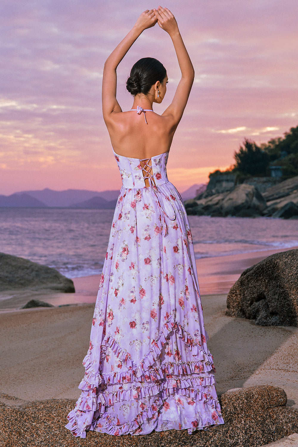 Wedtrend Women Grey Purple Long Bridesmaid Dress with Slit Floral Halter Ruched Corset A-Line Wedding Party Dress WEDTREND Wedtrend Women Grey Purple Long Bridesmaid Dress with Slit Floral Halter Ruched Corset A-Line Wedding Party Dress WEDTREND