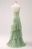 Green Sheath Ruffled Chiffon Long Bridesmaid Dress with Lace