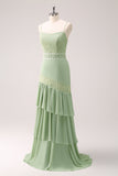 Green Sheath Ruffled Chiffon Long Bridesmaid Dress with Lace