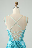 Gorgeous Blue Bodycon Spaghetti Straps Corset Homecoming Dress with Sequins