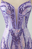 Gorgeous Dark Purple Bodycon Spaghetti Straps Corset Homecoming Dress with Sequins