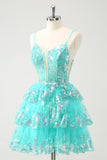 Cute Sparkly Green A Line Spaghetti Straps Corset Tiered Short Homecoming Dress