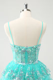 Cute Sparkly Green A Line Spaghetti Straps Corset Tiered Short Homecoming Dress