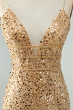 Glitter Golden Bodycon Spaghetti Straps Corset Short Homecoming Dress with Sequins