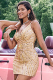 Unique Golden Tight Spaghetti Straps Backless Short Homecoming Dress with Sequins