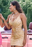 Unique Golden Tight Spaghetti Straps Backless Short Homecoming Dress with Sequins