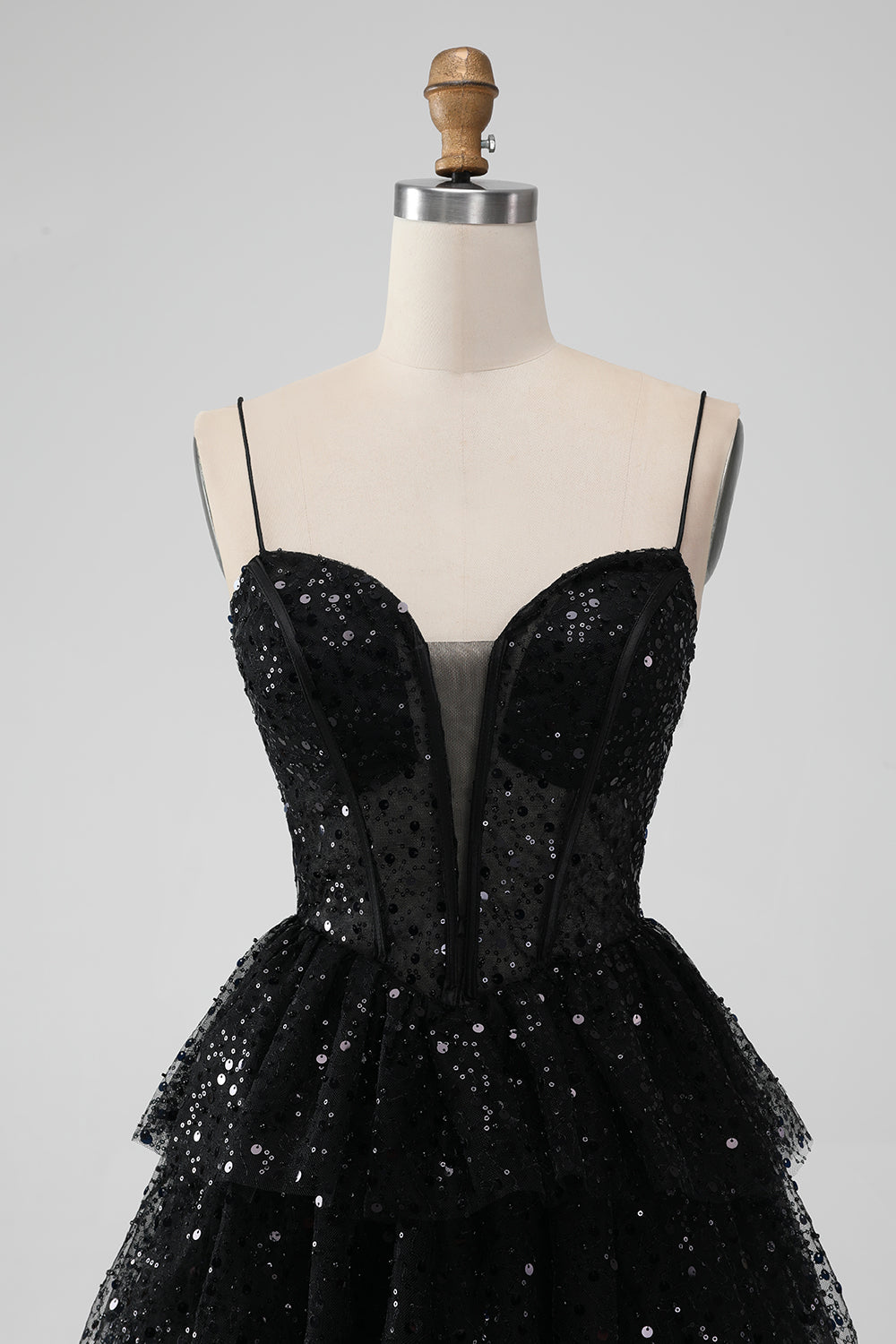 Wedtrend Women Sparkly Black Homecoming Dress with Sequins A Line Spaghetti Straps Tiered Short Prom Dress, Black / US20W