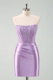 Stylish Purple Bodycon Pleated Beaded Corset Short Homecoming Dress