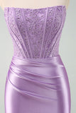 Stylish Purple Bodycon Pleated Beaded Corset Short Homecoming Dress