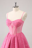 Sparkly Cute Pink Spaghetti Straps A Line Corset Short Homecoming Dress with Sequins