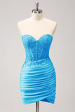 Glitter Fuchsia Tight Sweetheart Corset Short Pleated Homecoming Dress with Beading