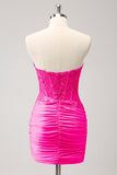 Glitter Fuchsia Tight Sweetheart Corset Short Pleated Homecoming Dress with Beading