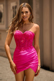 Glitter Fuchsia Tight Sweetheart Corset Short Homecoming Dress with Beading