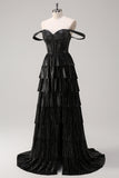 Black Silver A Line Off The Shoulder Tiered Long Prom Dress With Beading