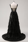 Black Silver A Line Off The Shoulder Tiered Long Prom Dress With Beading