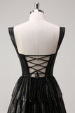 Black Silver A Line Off The Shoulder Tiered Long Prom Dress With Beading