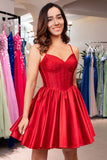 Cute Red A Line Spaghetti Straps Ruffle Corset Short Homecoming Dress with Beading