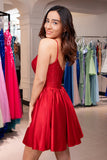 Cute Red A Line Spaghetti Straps Ruffle Corset Short Homecoming Dress with Beading