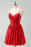 Cute Red A Line Spaghetti Straps Ruffle Corset Short Homecoming Dress with Beading
