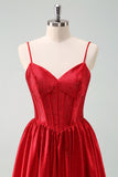 Cute Red A Line Spaghetti Straps Ruffle Corset Short Homecoming Dress with Beading