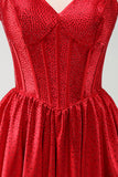 Cute Red A Line Spaghetti Straps Ruffle Corset Short Homecoming Dress with Beading