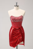 Glitter Red Tight Strapless Sequin Corset Slit Short Homecoming Dress with Beading