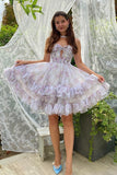 Cute Lilac A Line Cut Out Tiered Print Floral Homecoming Dress with Ruffles